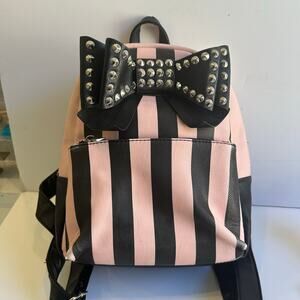 Betsey Johnson Pink Black Striped Bow Backpack Studded